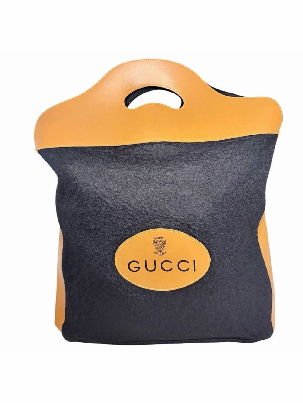 Gucci Vintage 70s Black Wool Felt Tote Bag Camel Leather Oval Logo Italy